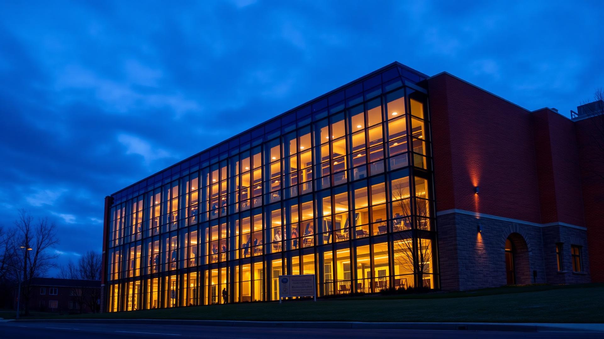 The Ross School of Business building glowing at dusk in Ann Arbor